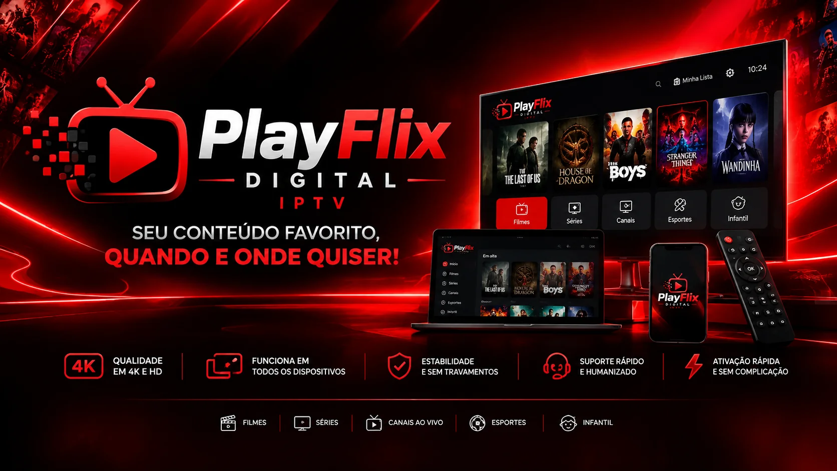 Smart TV, notebook e celular exibindo a interface da PlayFlix Digital